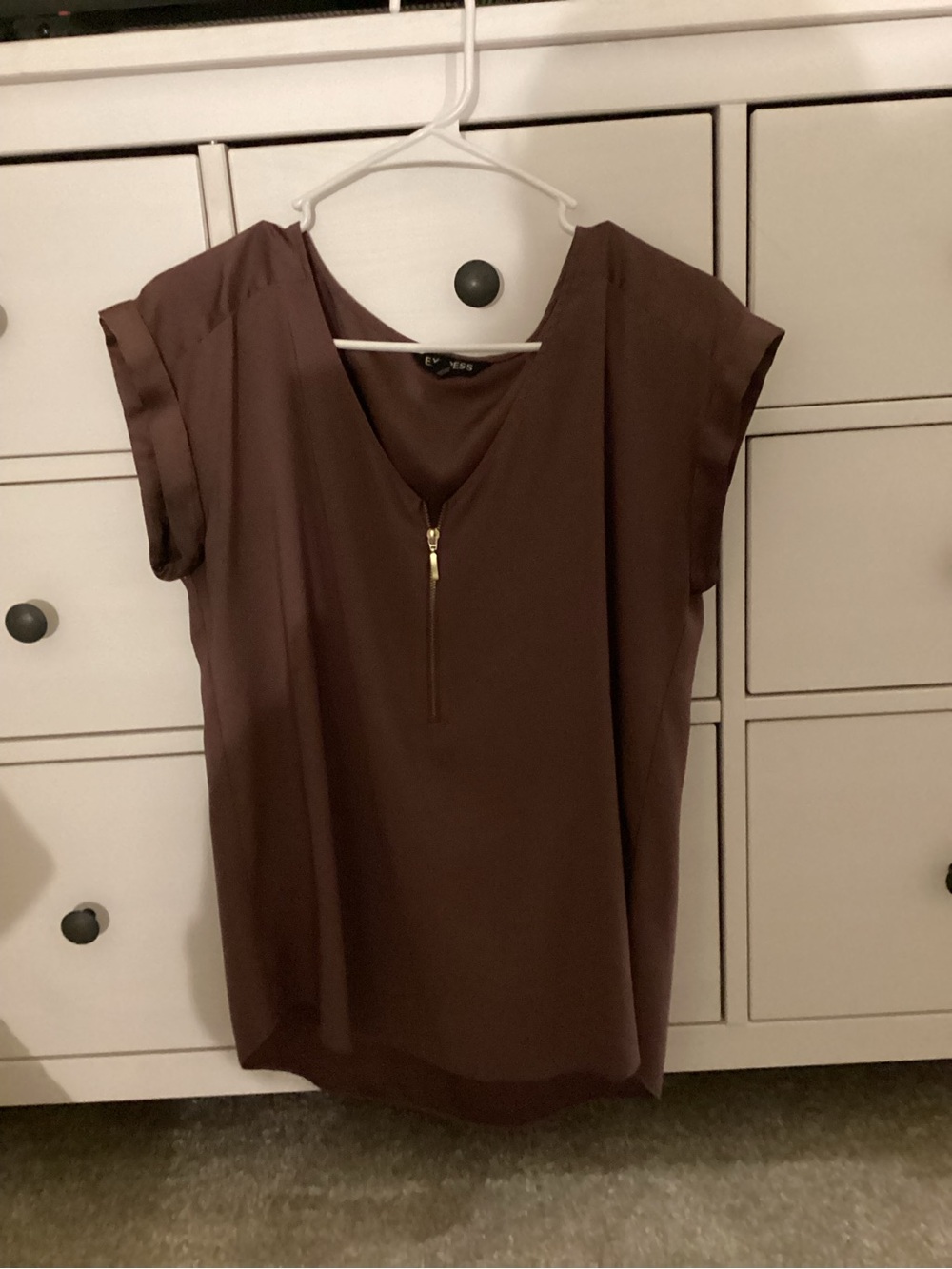 Express Brown Short Sleeve V-Neck Top with Gold Zip